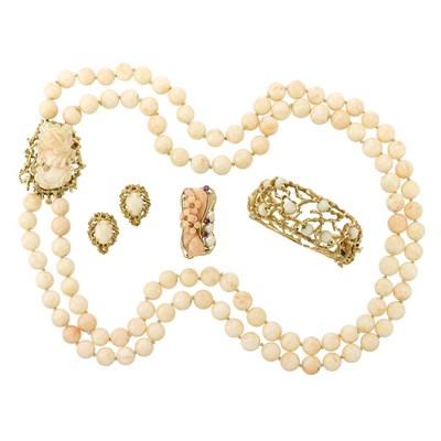 Lot 1401 - Group of Gold and Coral Jewelry