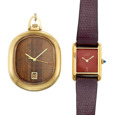 Lot 1306 - Gold and Metal Wristwatch, Cartier, and Gold and Tiger's Eye Open Face Pocket Watch, Eterna