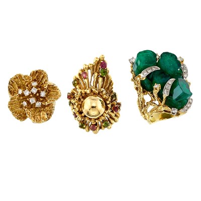 Lot 1284 - Three Gold, Diamond and Synthetic Emerald Rings
