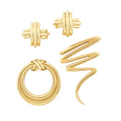 Lot 9 - Gold 'Scribble' Pin, Tiffany & Co., Paloma Picasso, and Pair of Gold Earrings and Circle Pin, Tiffany & Co.