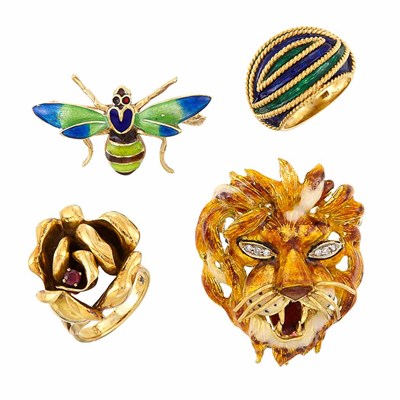 Lot 1227 - Two Gold, Enamel and Diamond Pins and Two Rings