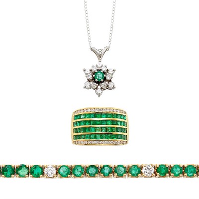 Lot 1326 - Yellow Gold, White Gold, Emerald and Diamond Pendant, Bracelet and Ring