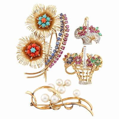 Lot 1422 - Three Gold, Gem-Set and Cultured Pearl Pins