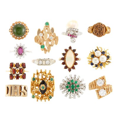 Lot 1454 - Group of Gold, White Gold, Low Karat Gold, Multicolored Stone, Diamond and Synthetic Stone Rings