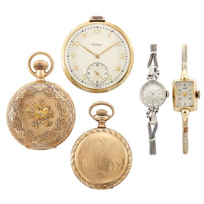 Lot 1452 - Three Lady's Gold Pocket Watches and Two Lady's Gold, White Gold and Metal Wristwatches