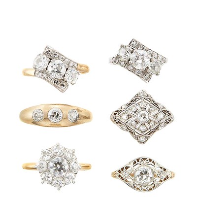 Lot 1402 - Six Yellow and White Gold and Diamond Rings