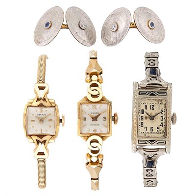 Lot 1218 - Three Lady's Gold and Metal Wristwatches and Pair of Gold and Gem-Set Cufflinks