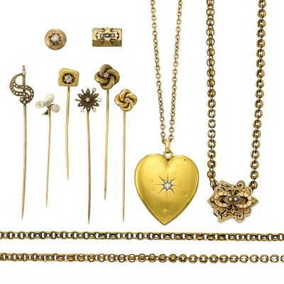 Lot 1418 - Group of Gold and Gold-Filled Stick Pins, Locket, Chain and Jewelry Fragments