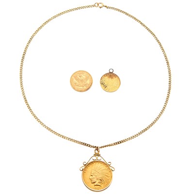 Lot 1285 - United States Ten Dollar Gold Coin Pendant with Chain, United States Five Dollar Gold Coin and Australian Gold Coin Pendant