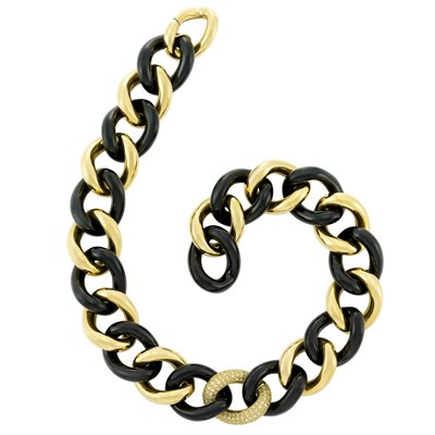 Lot 212 - Gold, Black Onyx and Diamond Link Necklace