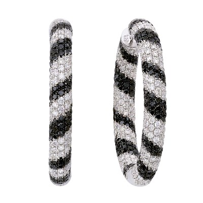 Lot 329 - Pair of White Gold, Diamond and Black Diamond Hoop Earrings