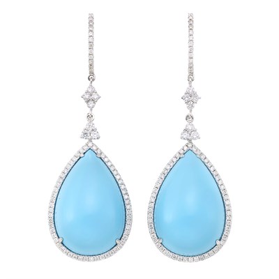 Lot 322 - Pair of White Gold, Diamond and Turquoise Pendant-Earrings
