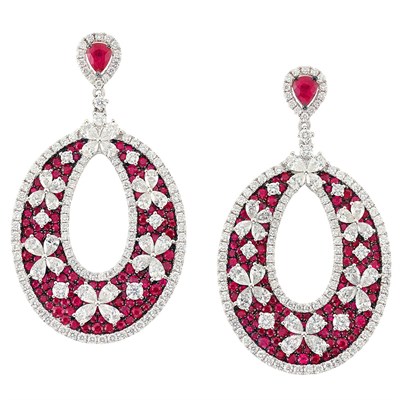 Lot 339 - Pair of White Gold, Diamond and Ruby Pendant-Earrings