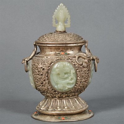 Lot 445 - Mongolian Silvered-Metal Covered Vessel Inlaid...