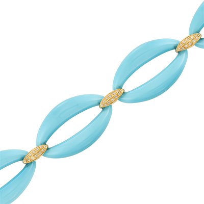 Lot 3025 - Gold, Composite Turquoise and Diamond Link Bracelet