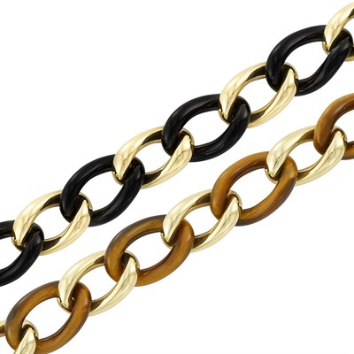 Lot 3332 - Gold and Tiger's-Eye Bracelet and Gold and Black Agate Bracelet