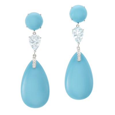 Lot 3286 - Pair of White Gold, Composite Turquoise, Aquamarine and Diamond Pendant-Earrings