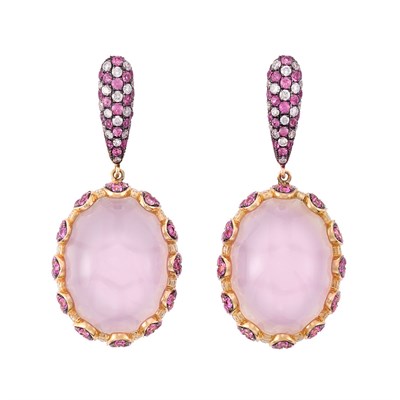 Lot 3172 - Pair of Rose Gold, Rose Quartz, Pink Sapphire and Diamond Pendant-Earrings