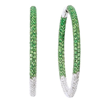 Lot 3259 - Pair of White Gold, Tsavorite Garnet and Diamond Hoop Earrings