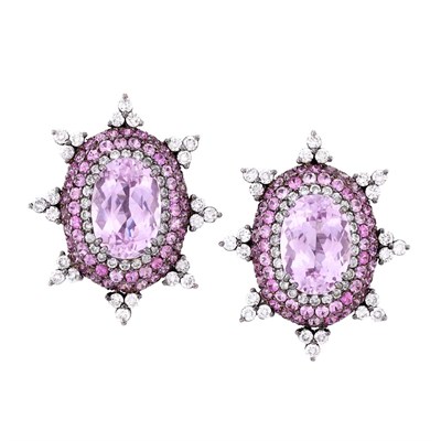 Lot 3250 - Pair of Blackened Gold, Kunzite, Pink Sapphire and Diamond Earrings
