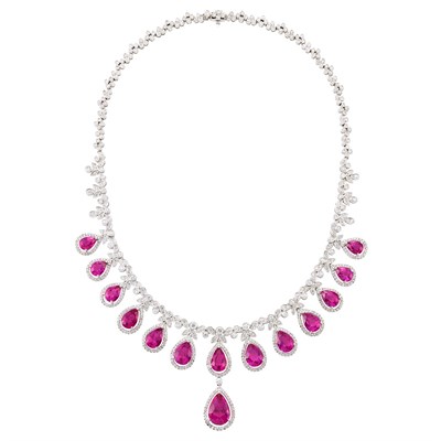 Lot 3425 - White Gold, Pink Tourmaline and Diamond Necklace