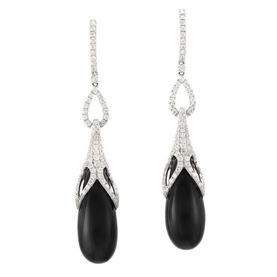 Lot 3288 - Pair of White Gold, Black Onyx and Diamond Pendant-Earrings