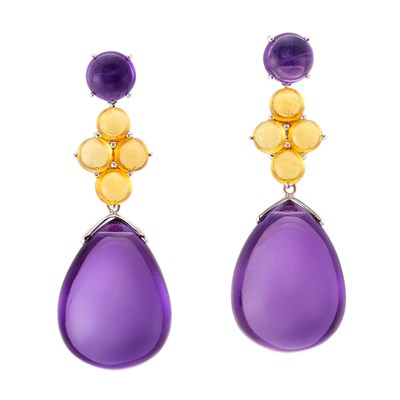 Lot 3239 - Pair of White Gold, Cabochon Amethyst and Citrine Pendant-Earrings