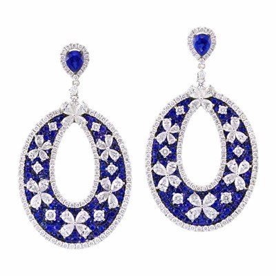 Lot 3268 - Pair of White Gold, Sapphire and Diamond Pendant-Earrings
