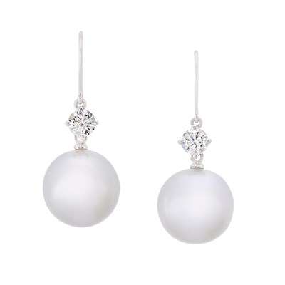 Lot 3220 - Pair of White Gold, South Sea Cultured Pearl and Diamond Earrings