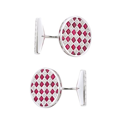 Lot 3218 - Pair of White Gold, Ruby and Diamond Cufflinks
