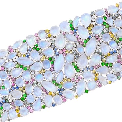 Lot 3434 - White Gold, Moonstone, Multicolored Sapphire and Diamond Bracelet