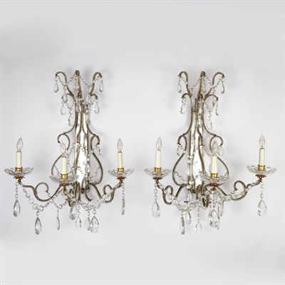 Lot 473 - Pair of Cut Glass Three-Light Wall Lights Each...