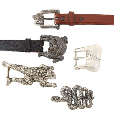 Lot 1491 - Group of Sterling Silver and Metal Belt Buckles and Belts