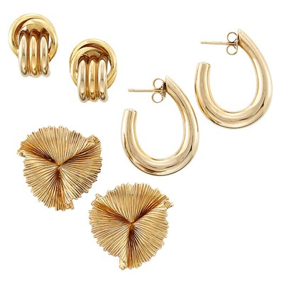Lot 1379 - Three Pairs of Gold Earrings