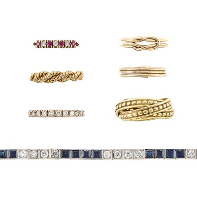 Lot 1378 - Group of Gold, White Gold, Synthetic Gem-Set and Diamond Rings and Bracelets