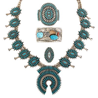 Lot 1471 - Group of American Indian Sterling Silver, Metal, Turquoise and Coral Jewelry