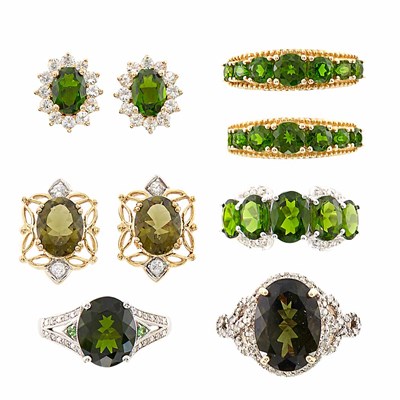 Lot 1467 - Group of Low Karat Two-Color Gold, Chrome Diopside, Diamond and Tsavorite Garnet Rings and Two Pairs of Earrings