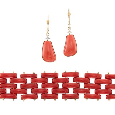 Lot 1255 - Pair of Gold and Coral Earrings and Bracelet