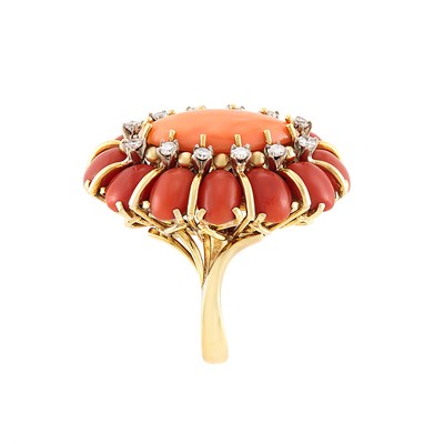 Lot 52 - Gold, Angel Skin and Oxblood Coral and Diamond Ring
