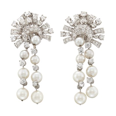 Lot 1075 - Pair of White Gold, Diamond and Cultured Pearl Fringe Earrings