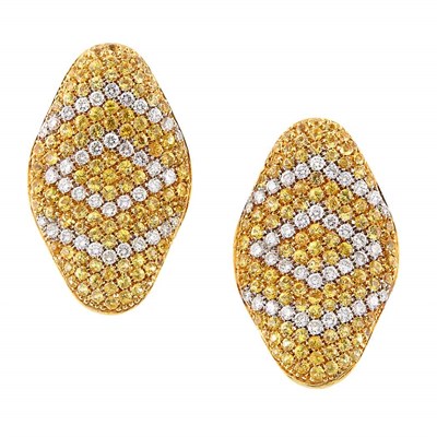 Lot 1023 - Pair of Gold, Yellow Sapphire and Diamond Earrings