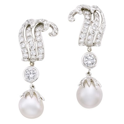Lot 312 - Pair of Platinum, Diamond and Cultured Pearl Pendant-Earrings