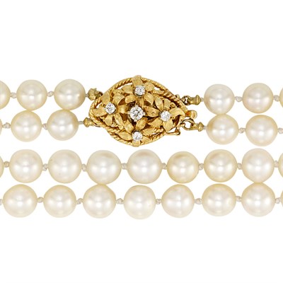 Lot 74 - Long Double Strand Cultured Pearl Necklace with Gold and Diamond Clasp