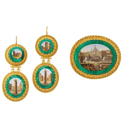 Lot 26 - Pair of Etruscan Revival Gold, Malachite and Micromosaic Pendant-Earrings and Brooch