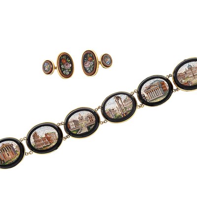 Lot 1293 - Gold, Low Karat Gold, Black Onyx, Sunstone and Micromosaic Bracelet and Pair of Cufflinks