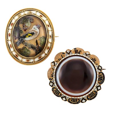 Lot 1298 - Two Gold, Low Karat Gold, Reverse Painted Crystal, Enamel and Agate Pins