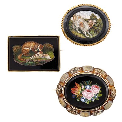 Lot 1299 - Three Gold, Low Karat Gold, Black Onyx and Micromosaic Pendant-Brooches