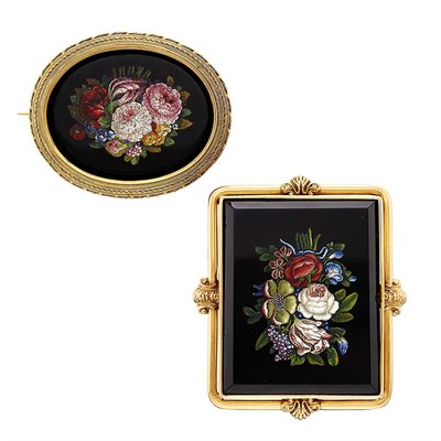 Lot 1296 - Two Gold, Low Karat Gold, Black Onyx and Micromosaic Brooches