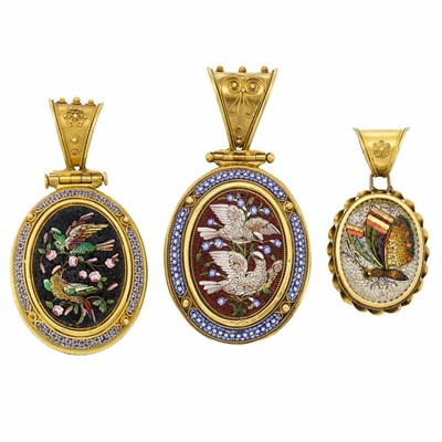 Lot 48 - Three Antique Gold and Micromosaic Pendants