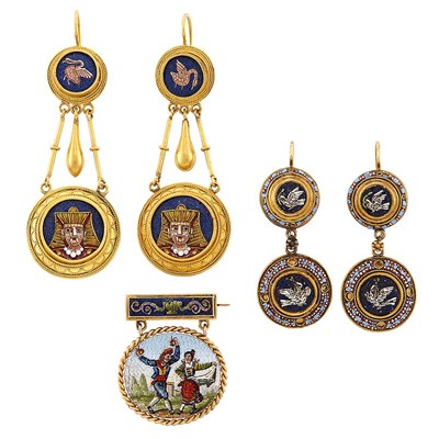 Lot 1300 - Two Pairs of Gold, Low Karat Gold and Micromosaic Earrings and Pin